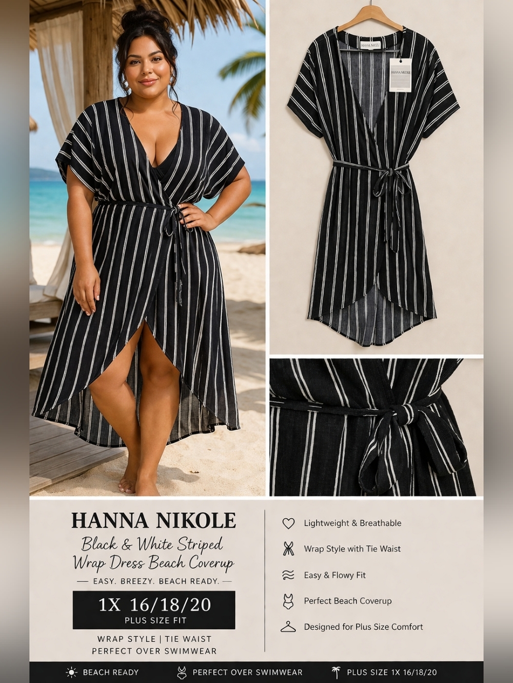 Hanna Nikole Black & White Striped Wrap Dress Beach Coverup 1X 16 Wrap Style